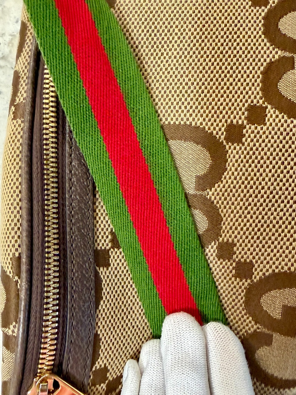 Gucci Brown/Beige GG Canvas Waist Bag with Green-Red Web Strap - Picture 7 of 13